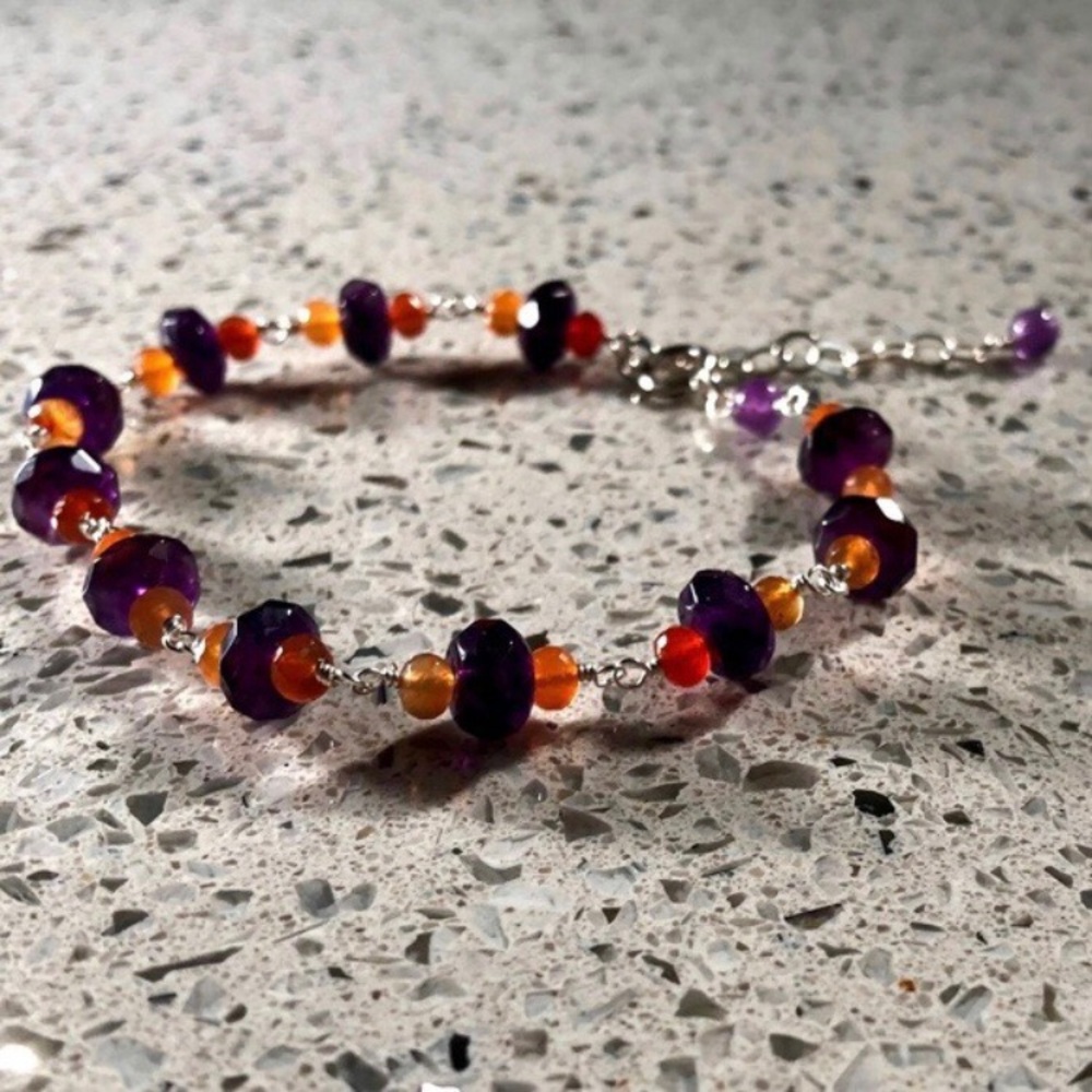 New Genuine Natural African Amethyst & Carnelian Sterling Silver Bracelet